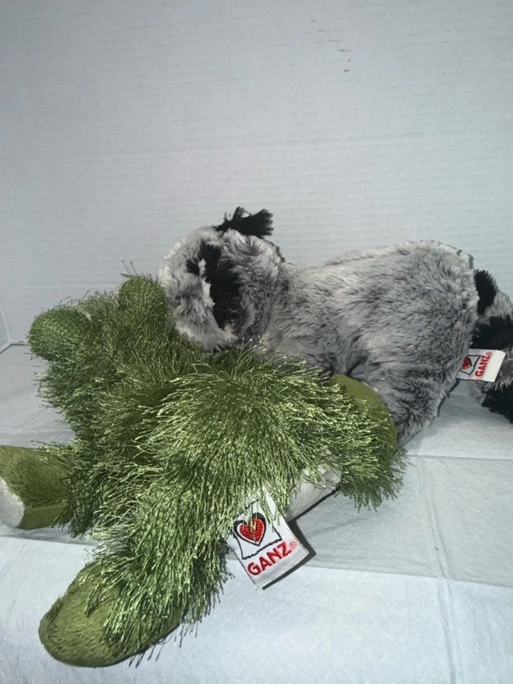 Ganz Plush Green Frog and Gray Raccoon Small Pet Toys